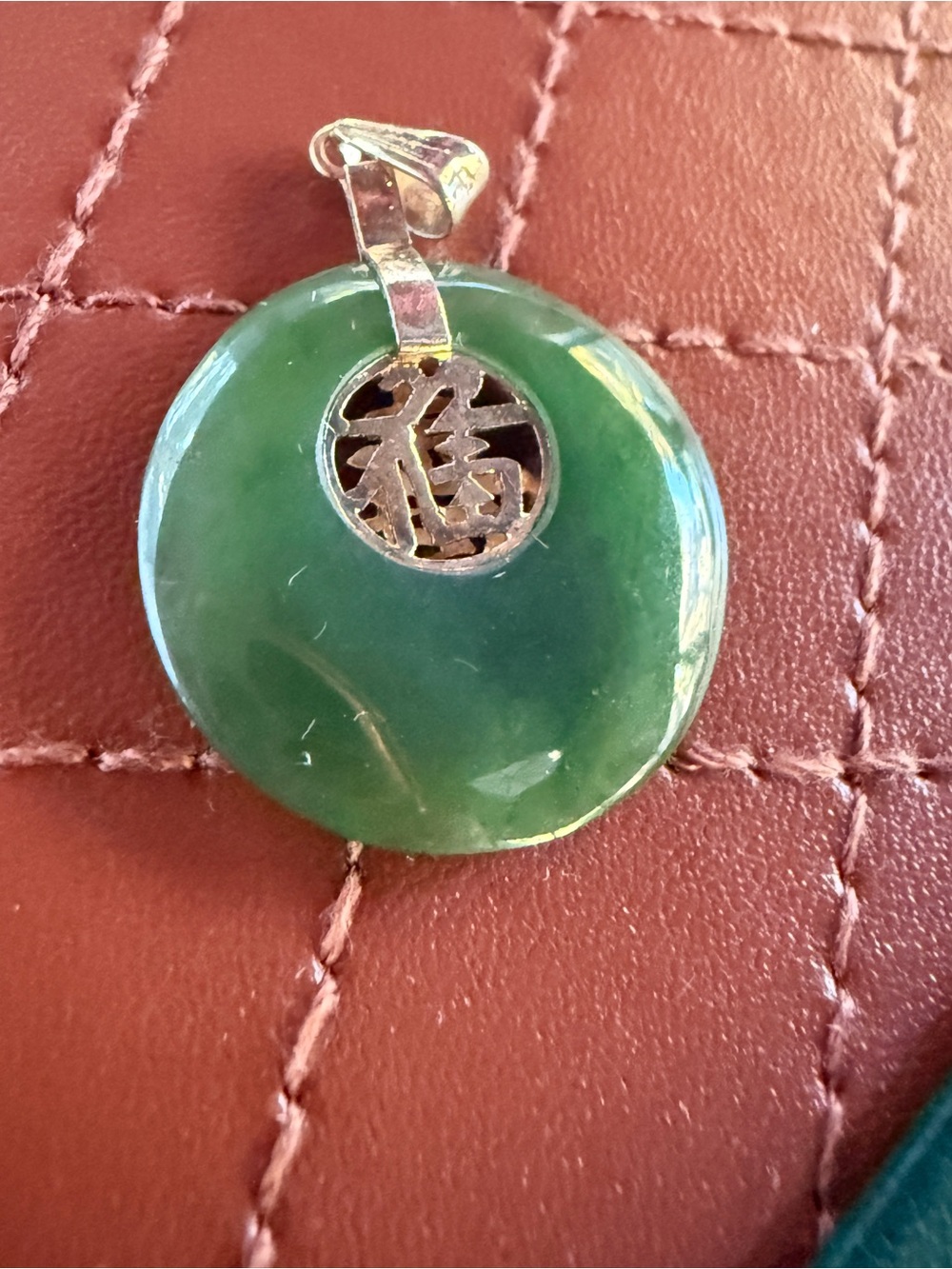 Vintage Green Jade Donut Pendant Necklace with Sterling Silver and gold Bail